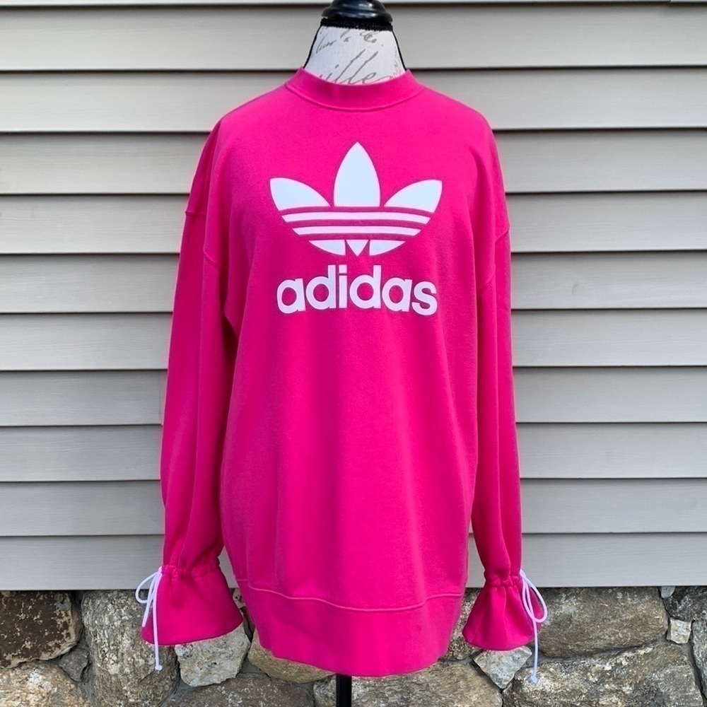 Nwot Adidas Bellista Oversized Sweatshirt W/ Tie Cuffs - Hot Pink - Picture 2 of 15